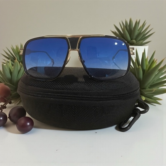 Street Knitted Men's Oversized Blue Lens Black & Gold Frame Sunglasses & Case - Picture 3 of 10